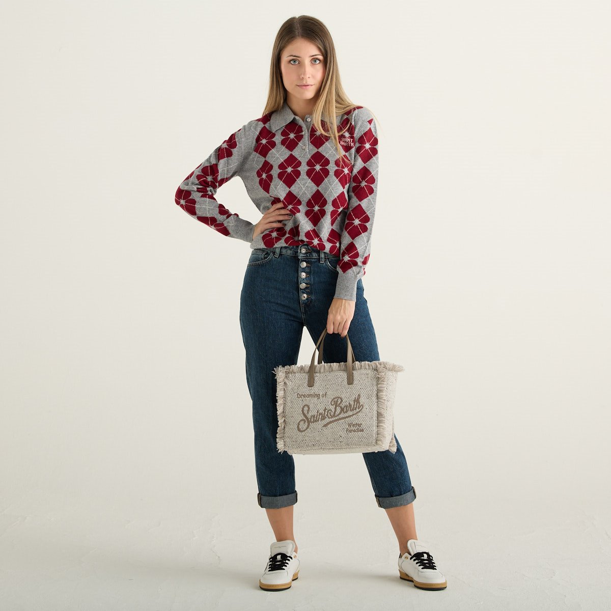 MC2 Saint Barth Maglia Polo Donna Grigia con Cuori Bordeaux