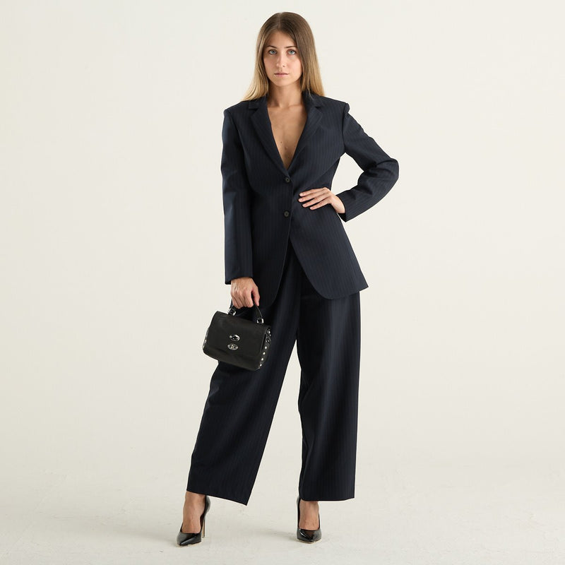 Meimeij blazer donna blu gessato in misto lana vergine