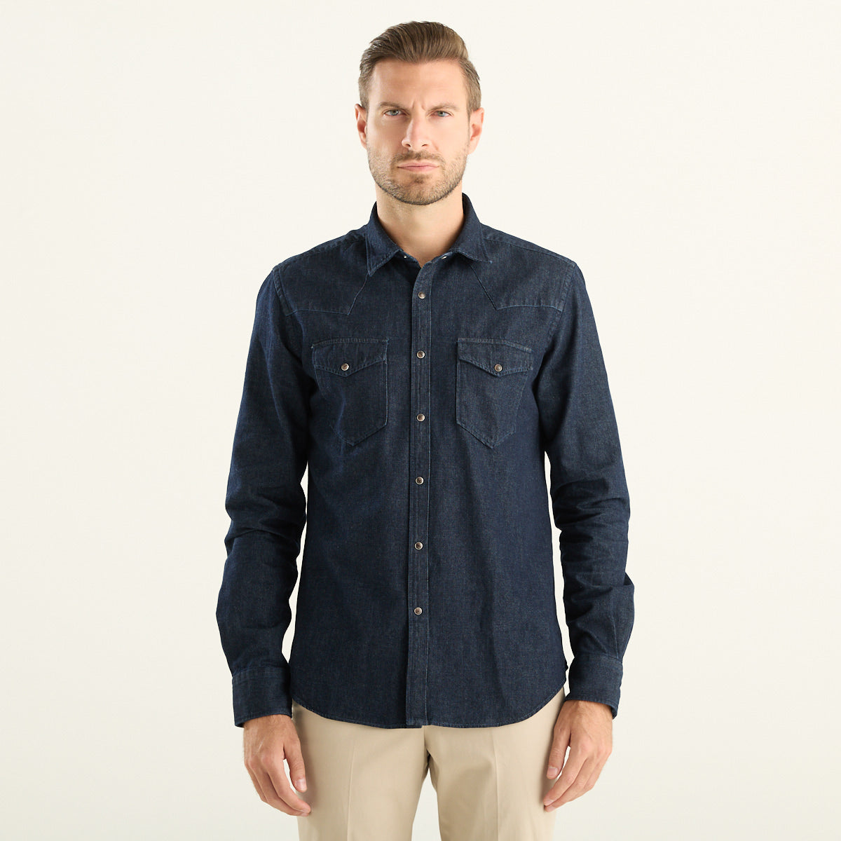 Xacus – Camicia uomo western in denim blu scuro