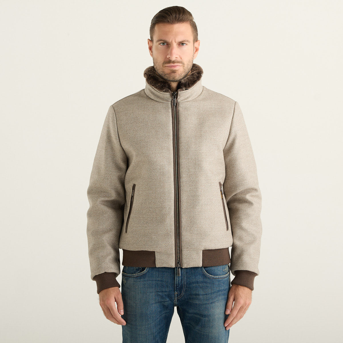 Moorer Bomber Uomo Beige con Collo in Shearling e Imbottitura in Piumino