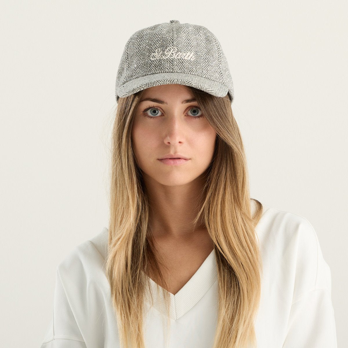 MC2 Saint Barth cappello donna baseball grigio a spina di pesce con dettagli luminosi
