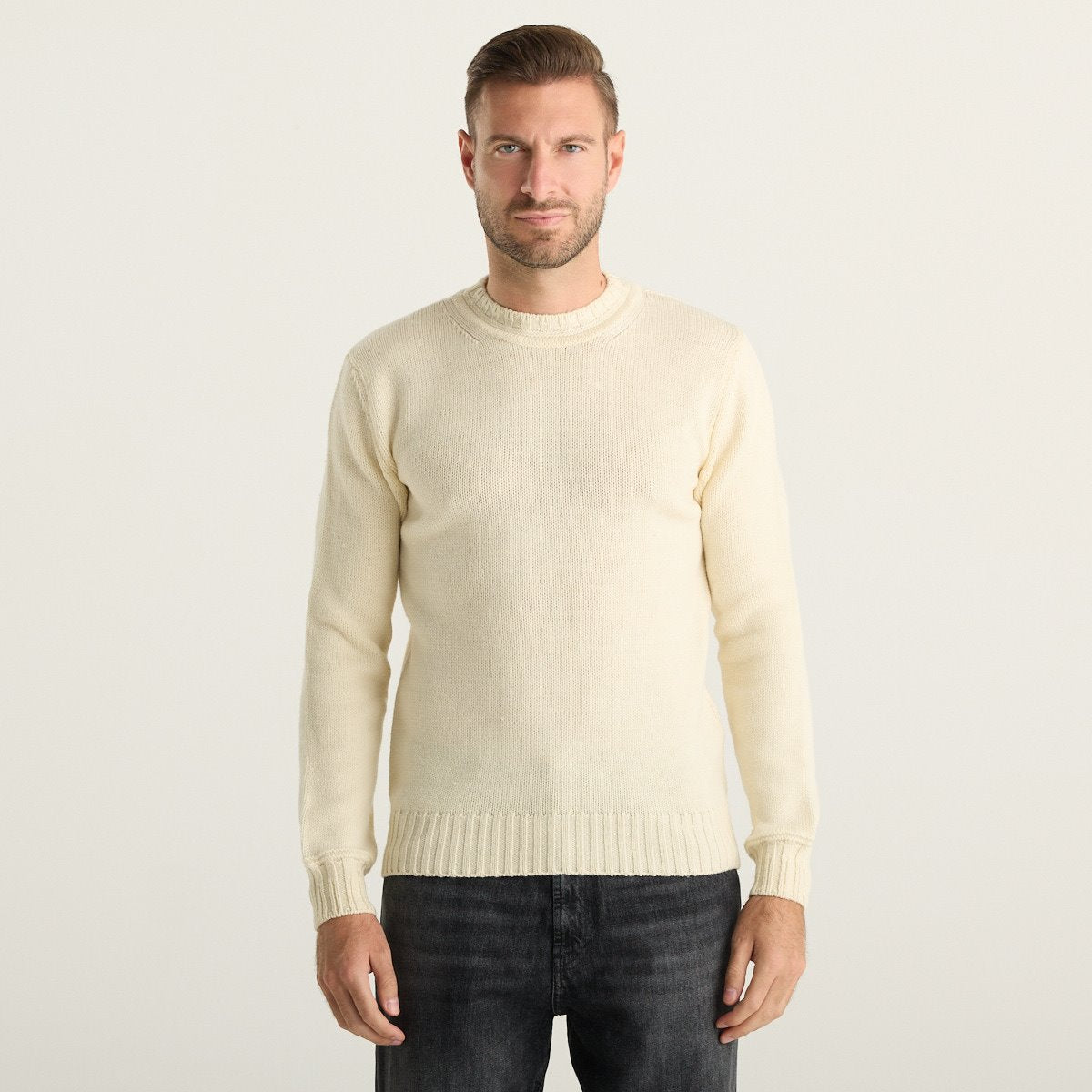 Wool & Co Maglione Girocollo Uomo Panna in Maglia Lavorata