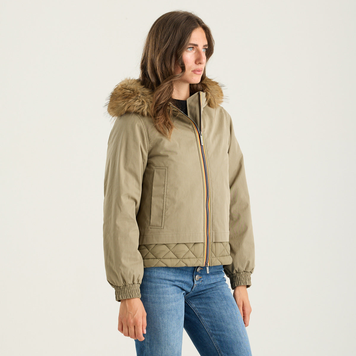 K-Way parka corto tosca in tessuto verde militare con cappuccio