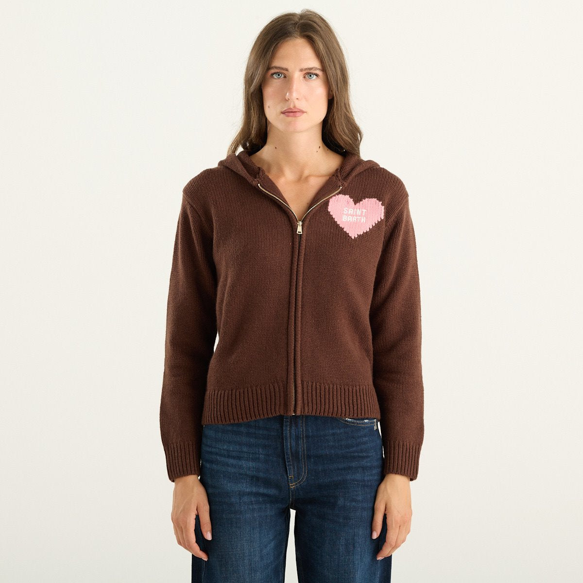 MC2 Saint Barth cardigan donna Kyla in lana marrone con cappuccio e cuore rosa
