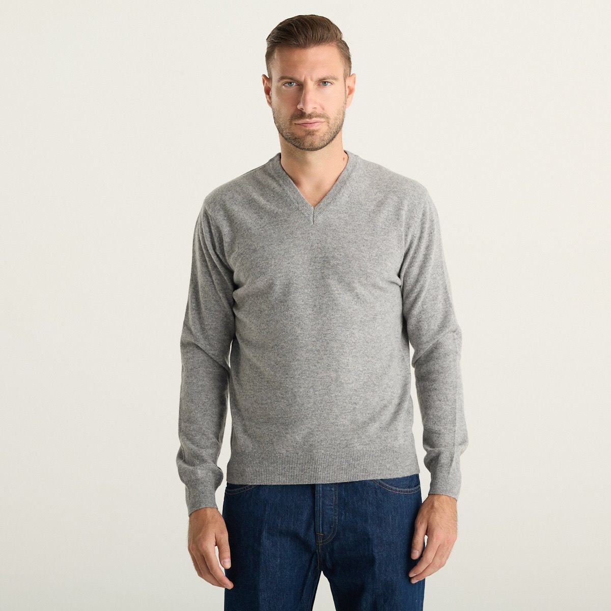 Wool & Co Maglione Uomo Grigio Mélange in Lana Merino e Cashmere con Scollo a V