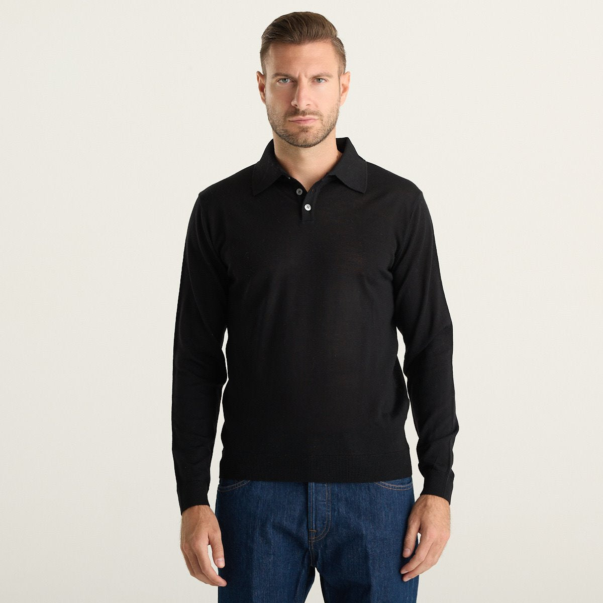 Wool & Co Maglione Polo Uomo Nero in Lana Merino e Cashmere