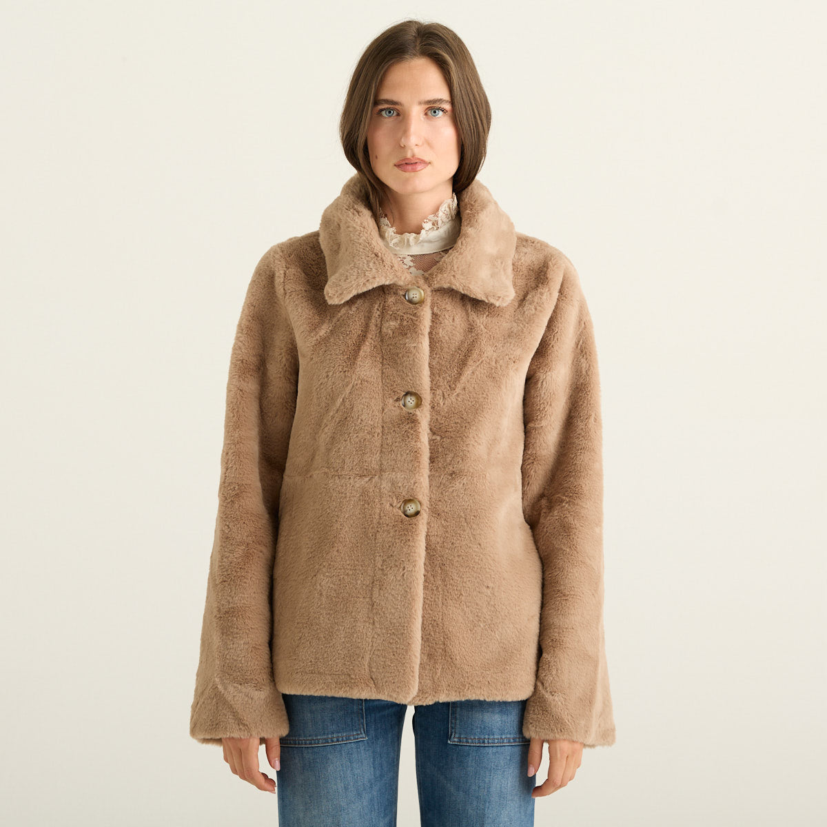 Blanche Giacca Reversibile Donna Cammello Beige con Pelliccia Morbida Effetto Montone