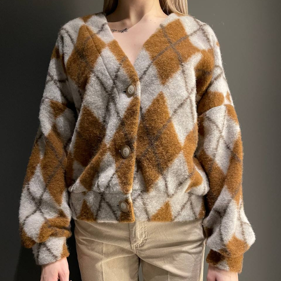 Haveone Cardigan con rombi tessuto marrone