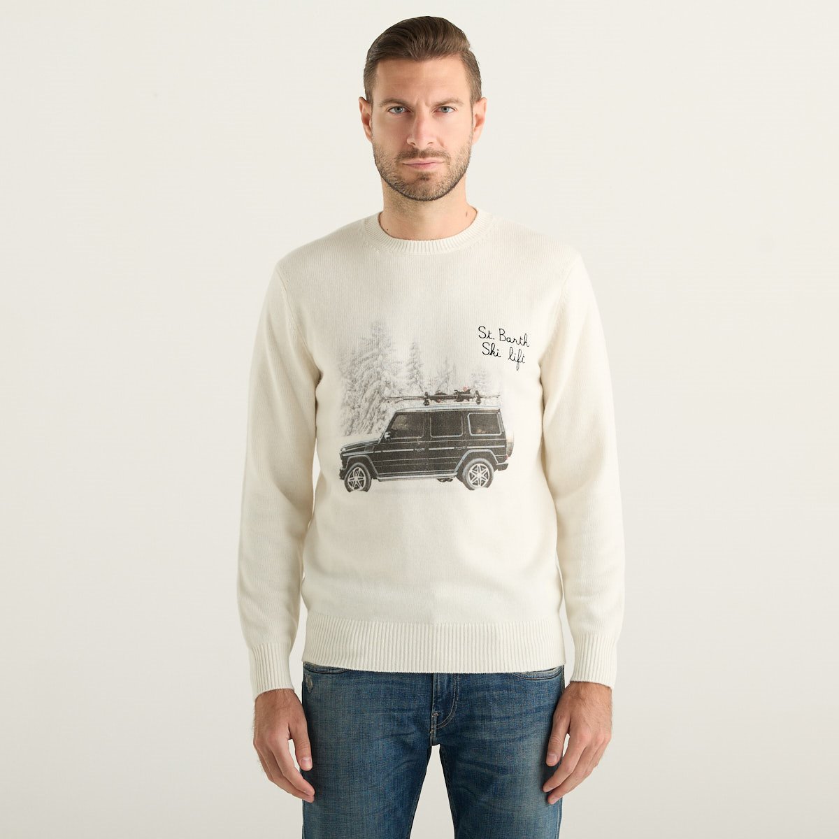 MC2 Saint Barth Maglione Uomo Panna con Stampa Ski Life