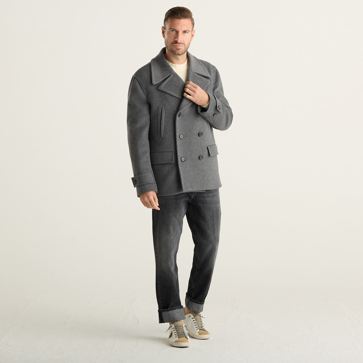 Dondup Cappotto Corto Uomo Grigio Mélange Doppiopetto con Rever Ampi