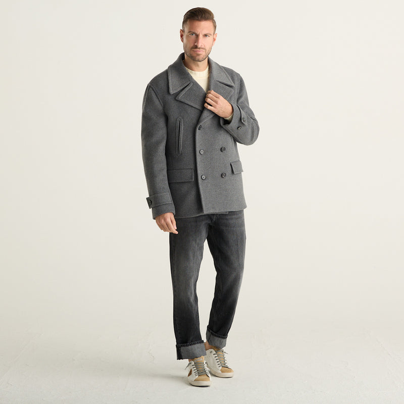 Dondup Cappotto Corto Uomo Grigio Mélange Doppiopetto con Rever Ampi