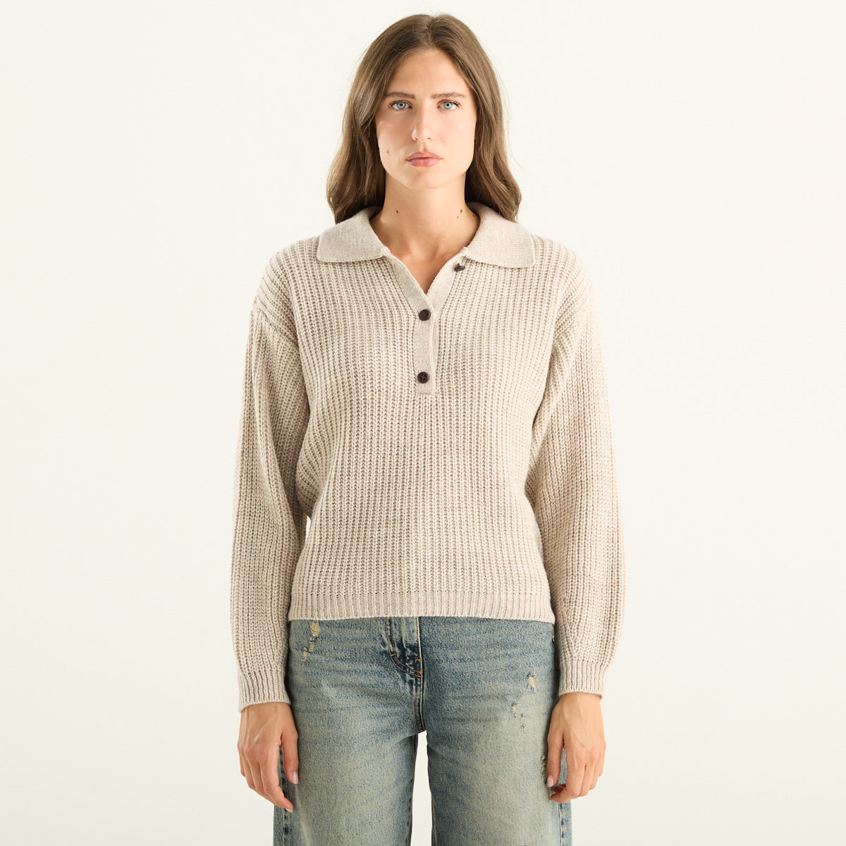 Polo donna beige in maglia a costa inglese Haveone