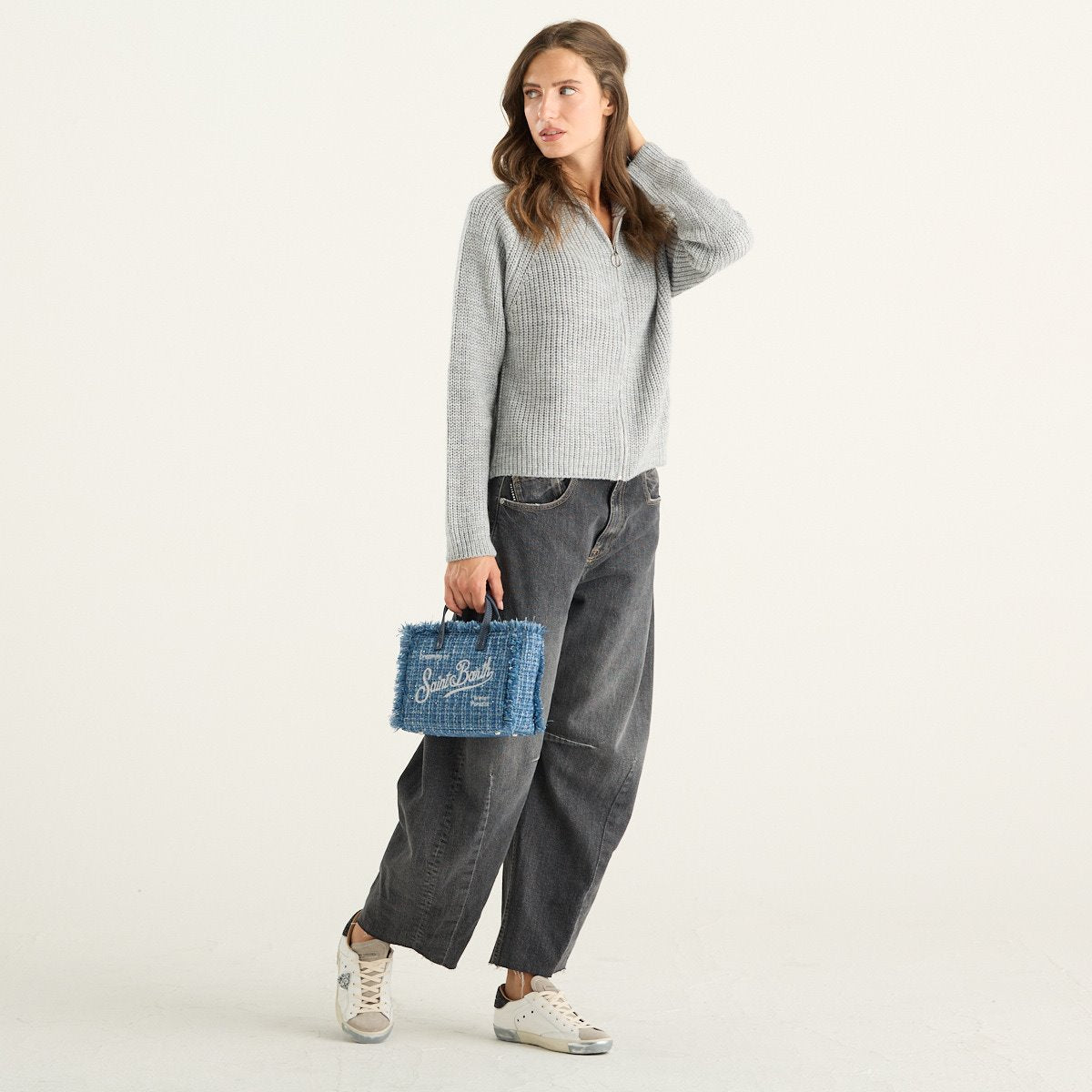 Haveone cardigan donna grigio perla a coste con collo alto e zip