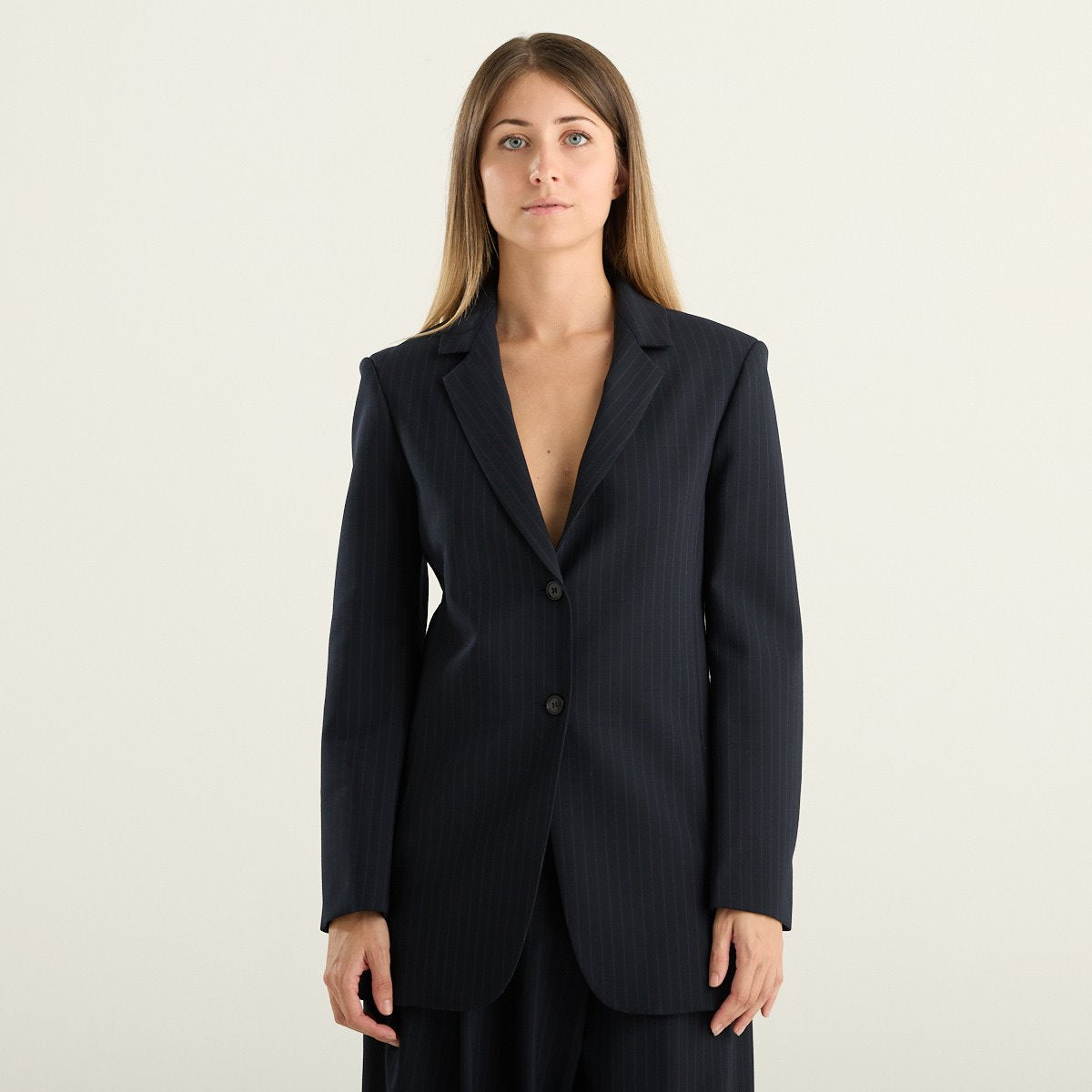 Meimeij blazer donna blu gessato in misto lana vergine