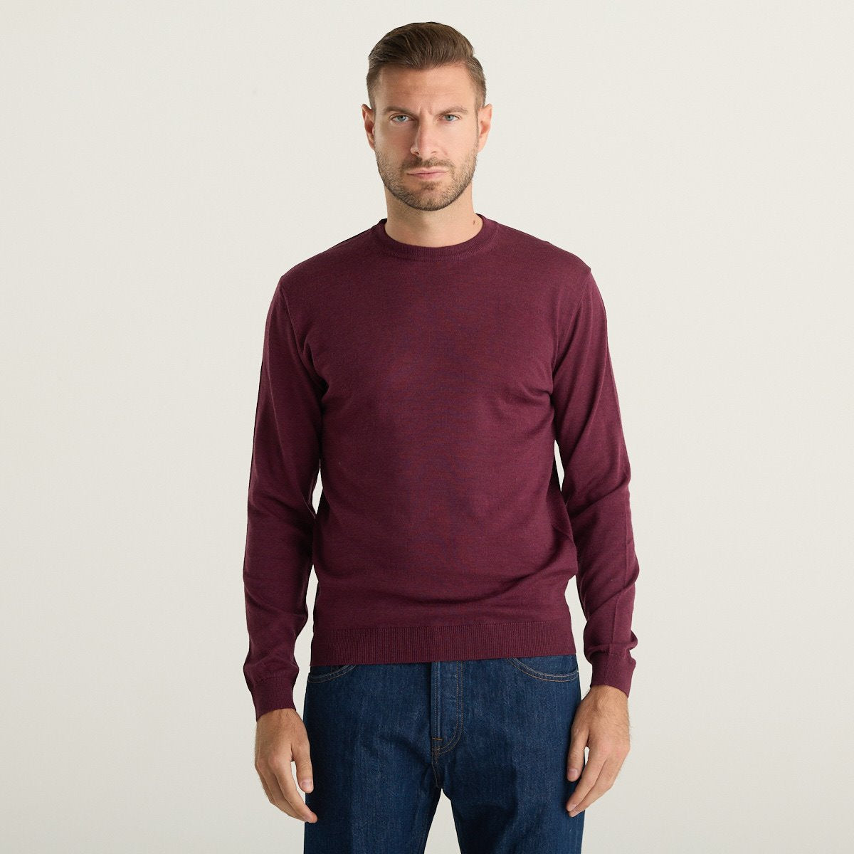 Wool & Co Maglione Uomo Bordeaux in Lana Merino e Cashmere Girocollo