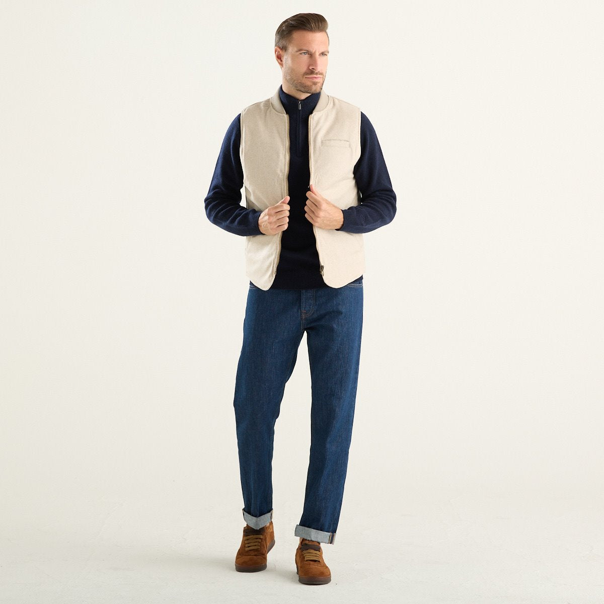 Bl’ker Vintage gilet uomo Owl reversibile in misto lana beige