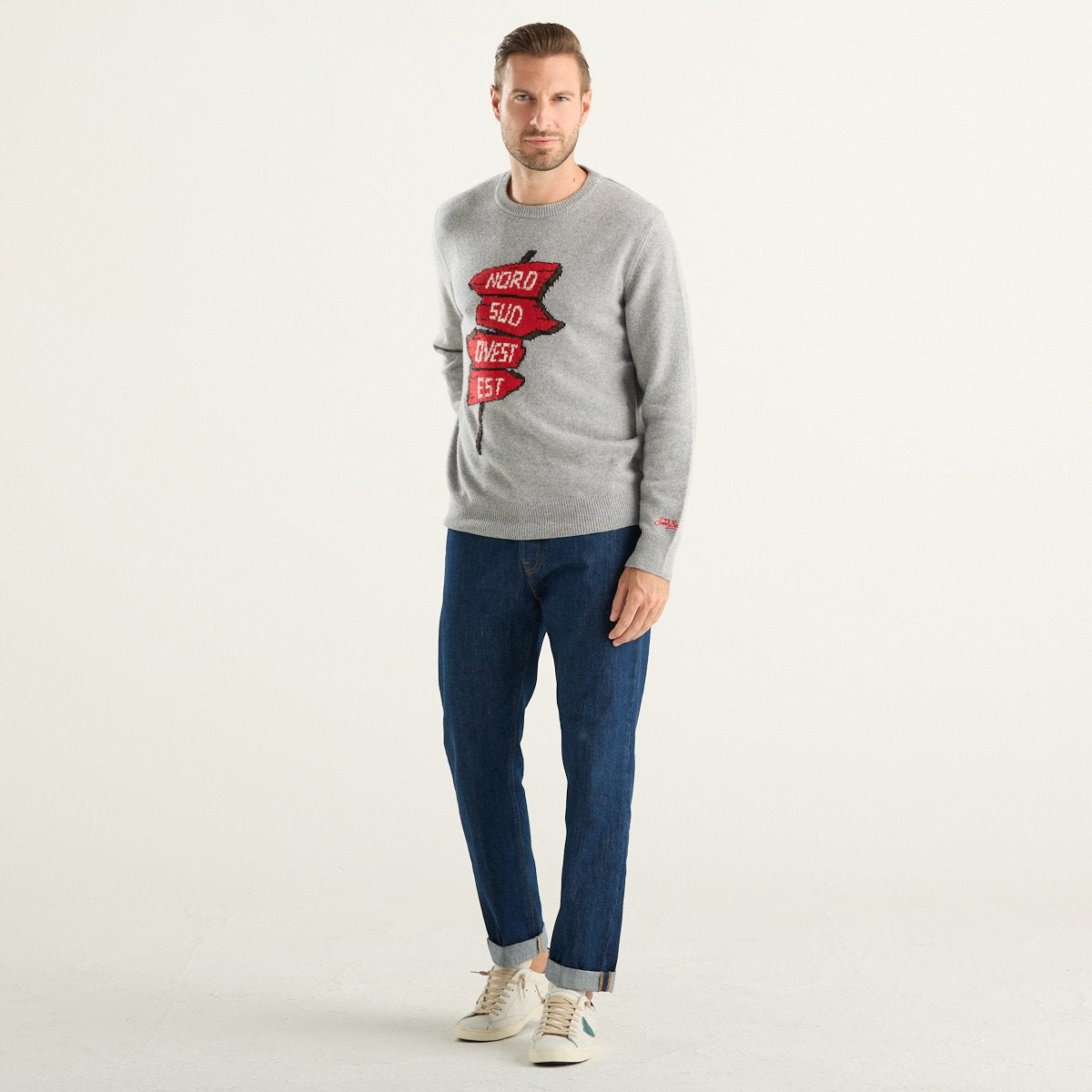 MC2 Saint Barth maglione uomo Heron grigio con intarsio Nord Sud Ovest Est