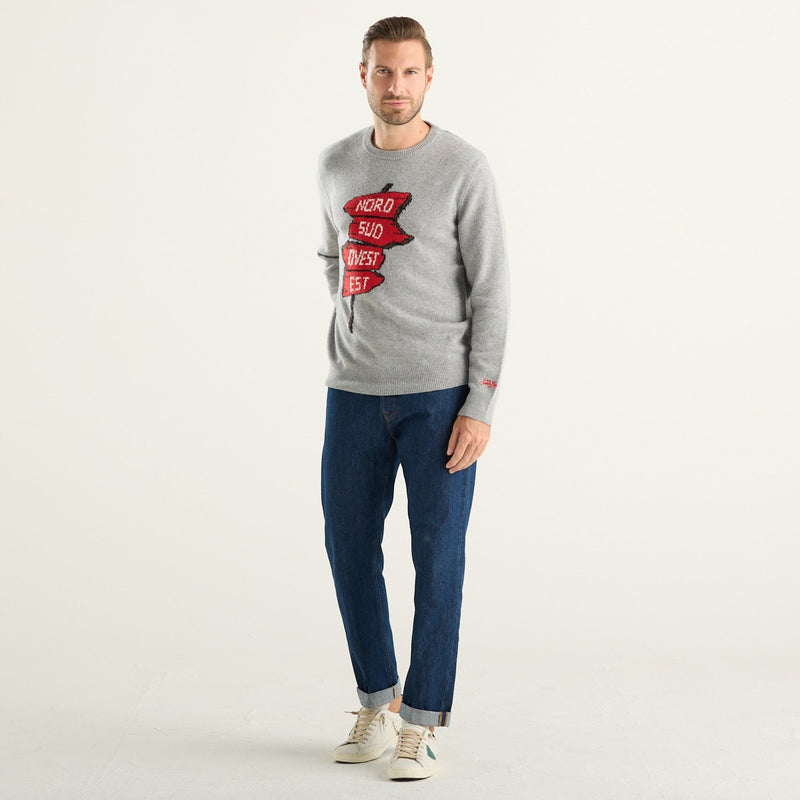 MC2 Saint Barth maglione uomo Heron grigio con intarsio Nord Sud Ovest Est