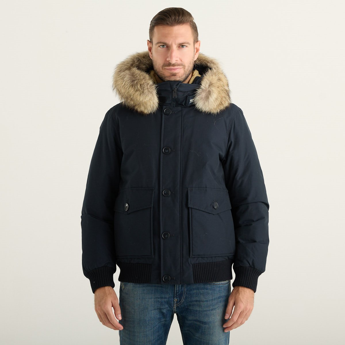 Woolrich Polar Bomber Uomo Blu Navy in Ramar Cloth con Cappuccio e Pelliccia Removibile
