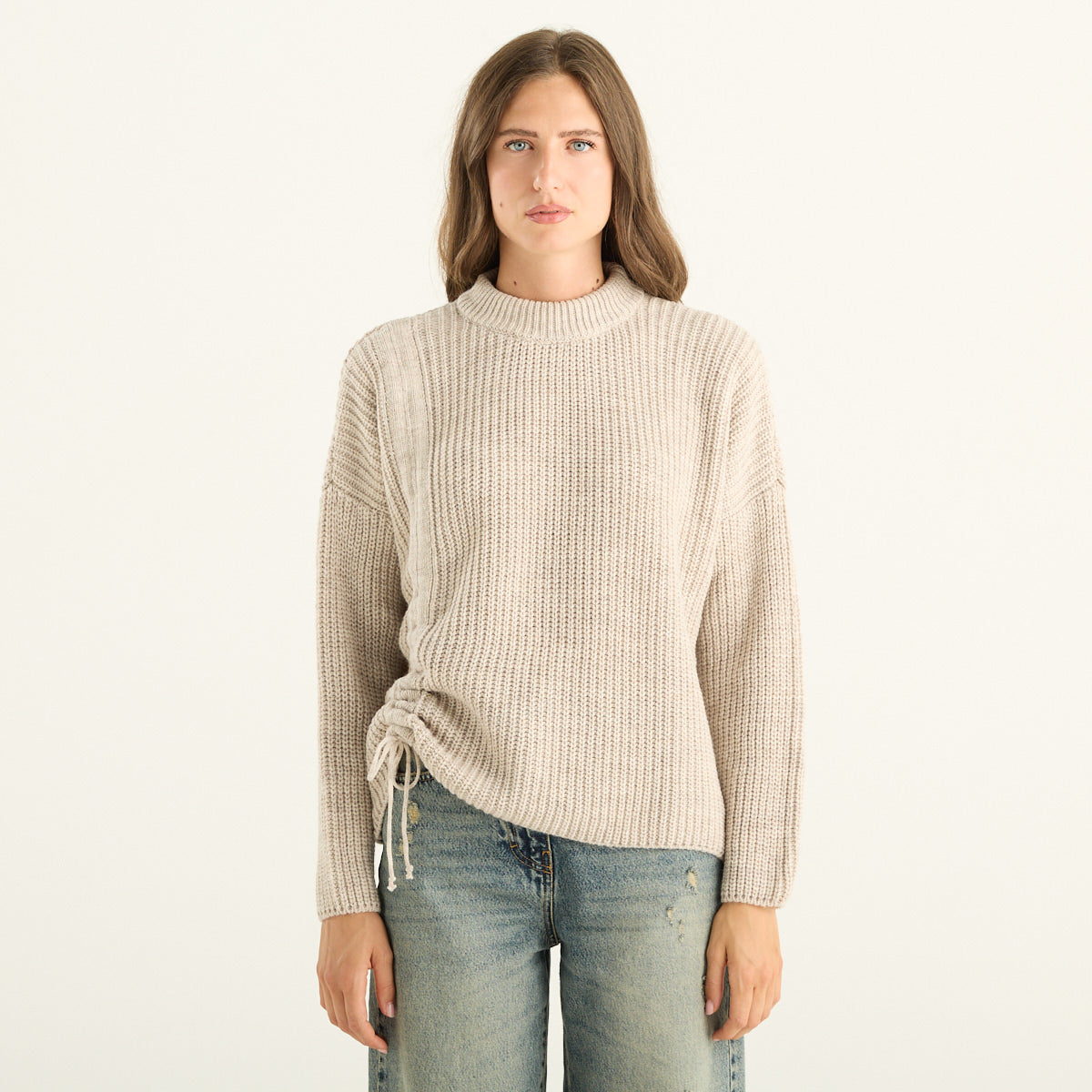 Maglia donna beige a coste con coulisse Haveone