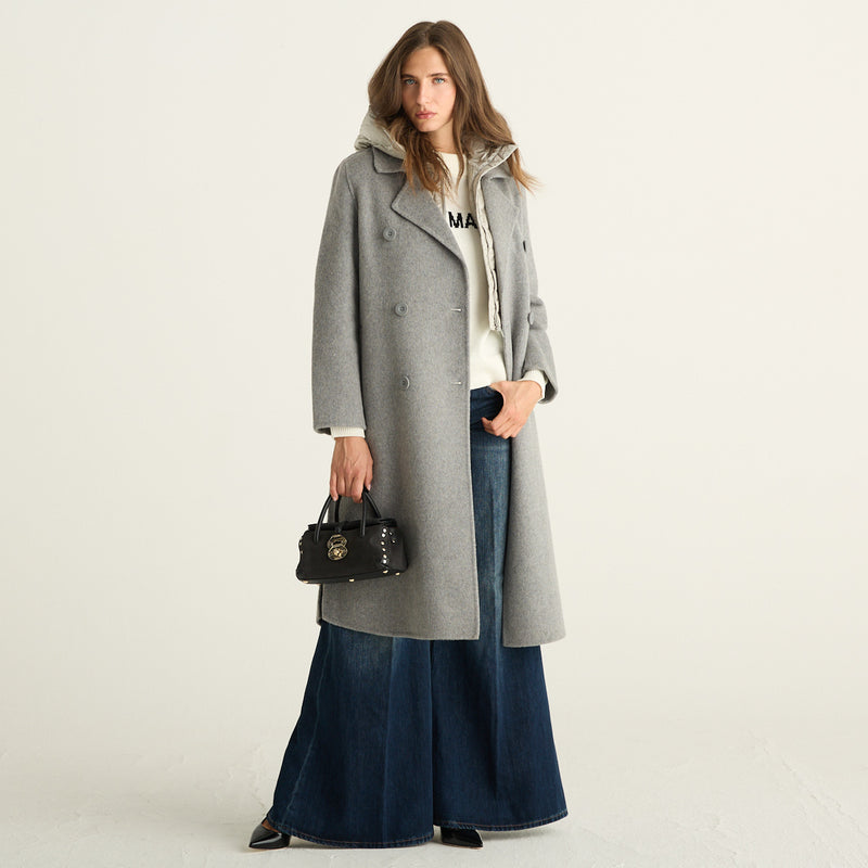Bomboogie Cappotto Donna Grigio Mélange Doppiopetto con Cappuccio Imbottito