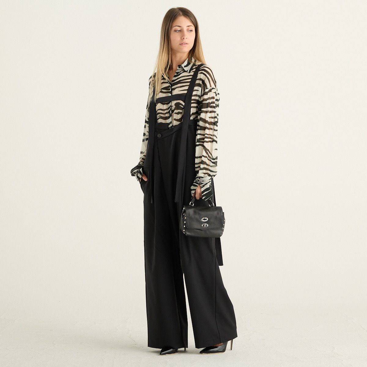 Meimeij pantaloni donna neri a gamba larga con bretelle