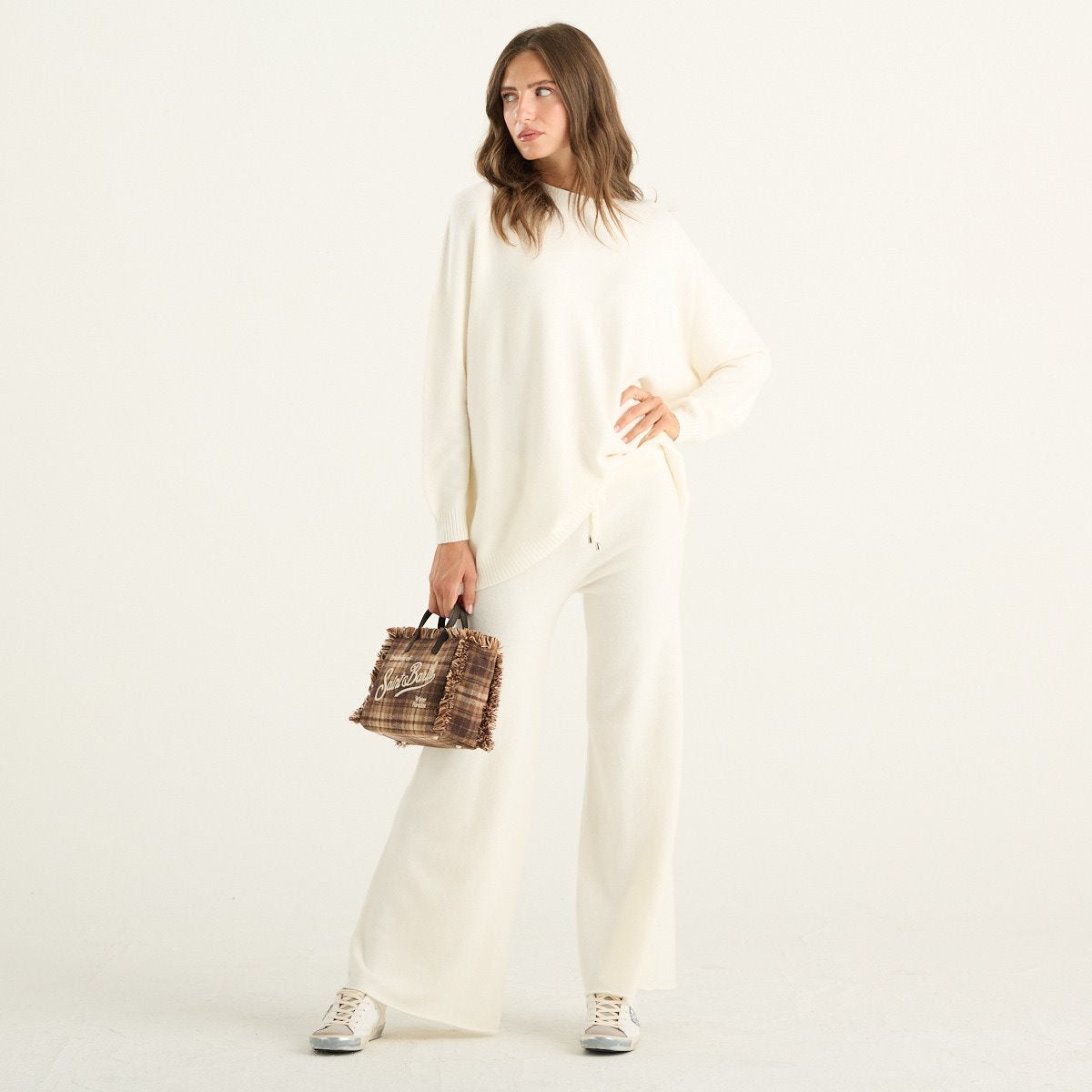 Haveone completo donna panna in maglia con pullover oversize e pantaloni ampi