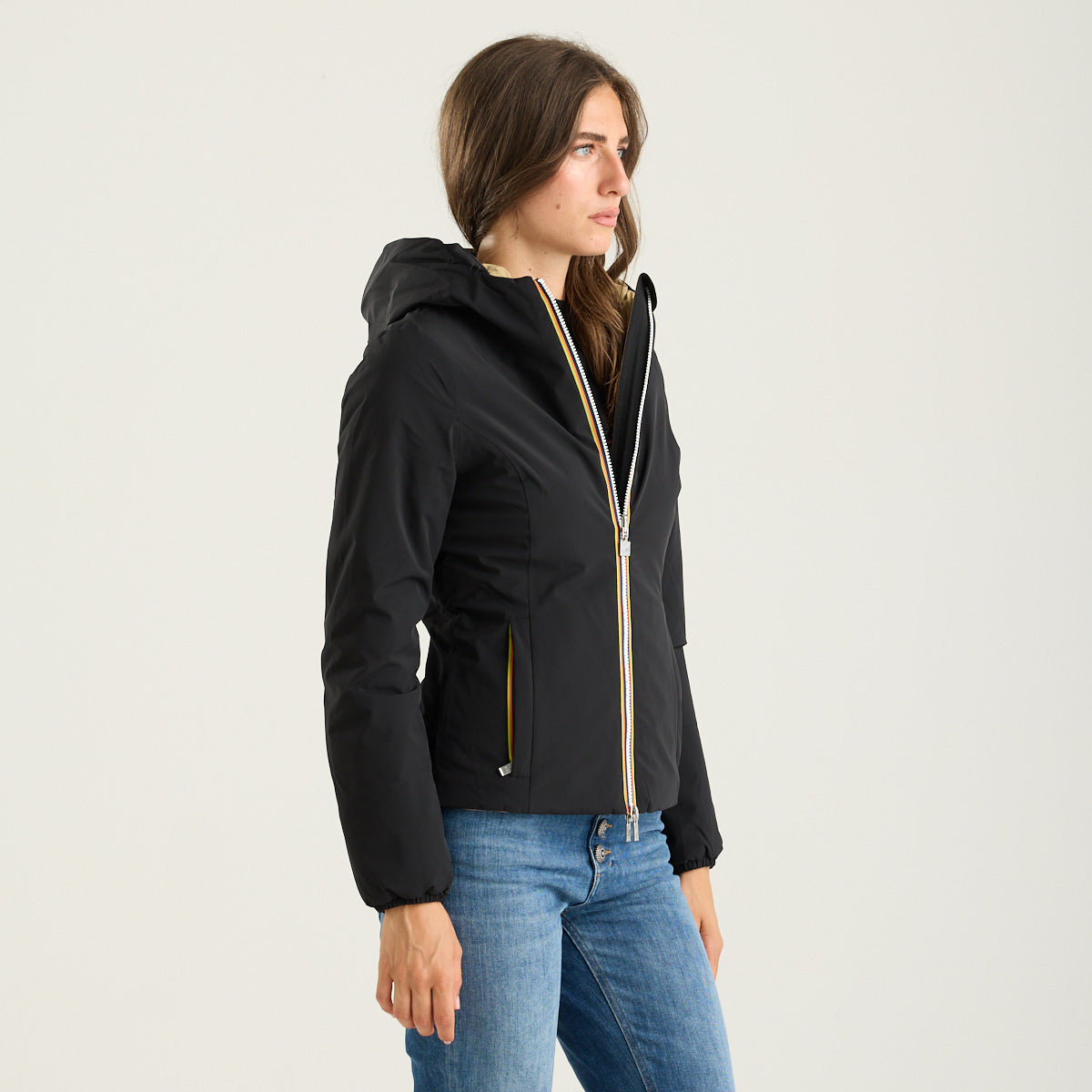 K-Way giubbotto lily reversibile nero e beige con cappuccio