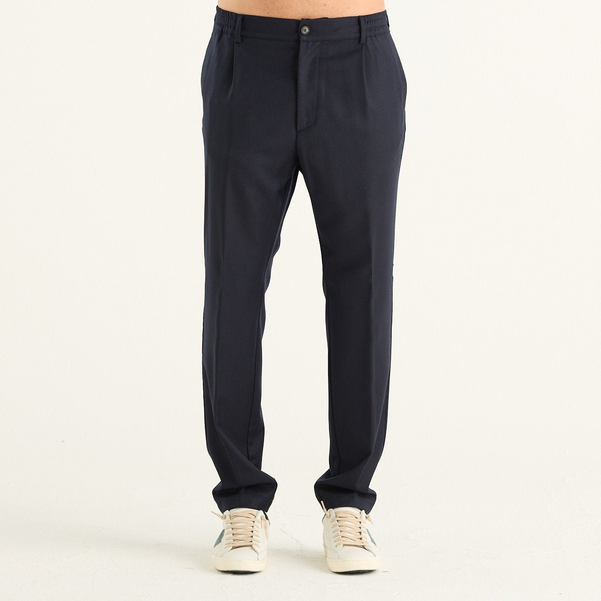 Cruna pantalone uomo Mitte blu navy con pinces e vita elasticizzata