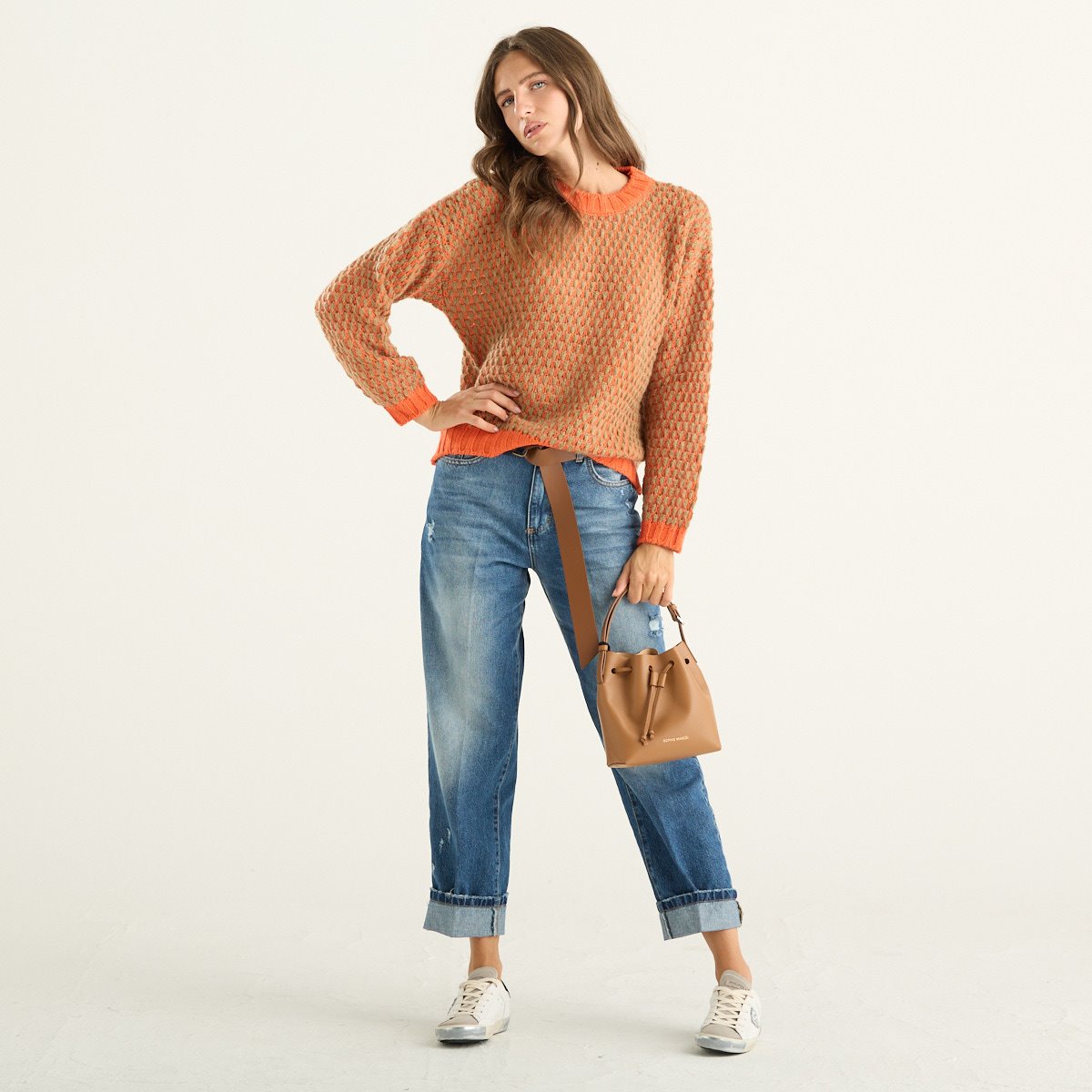 Haveone maglia donna girocollo arancione e beige con lavorazione a rilievo