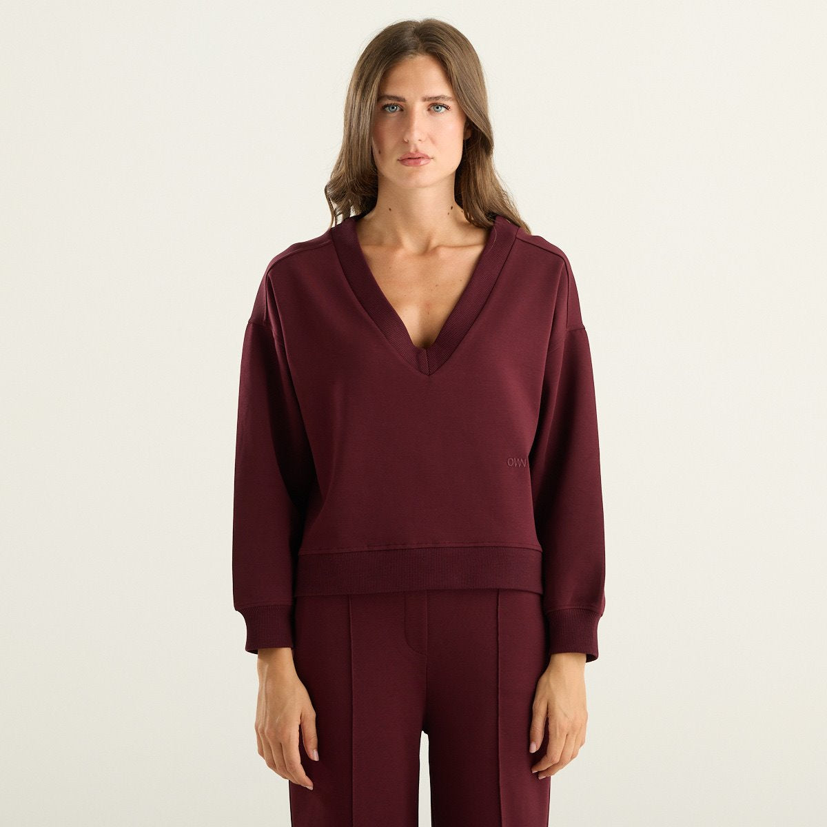 OWN Off With Nature felpa donna bordeaux in interlock con scollo a V