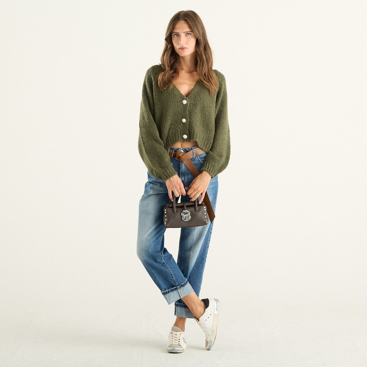 Haveone cardigan donna corto verde militare con bottoni gioiello