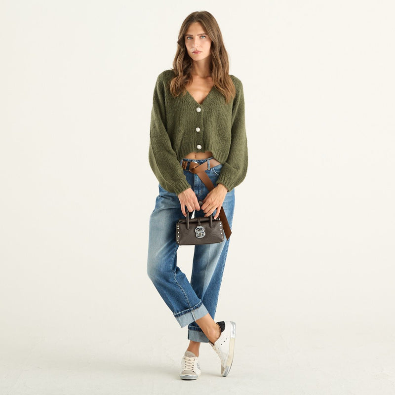 Haveone cardigan donna corto verde militare con bottoni gioiello
