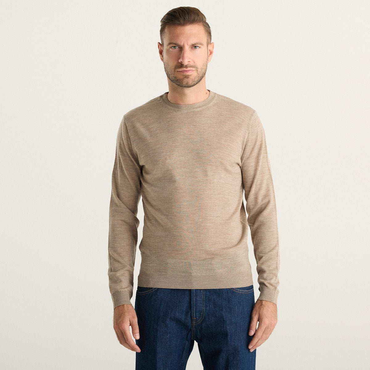 Wool & Co Maglione Uomo Beige Mélange in Lana Merino e Cashmere Girocollo