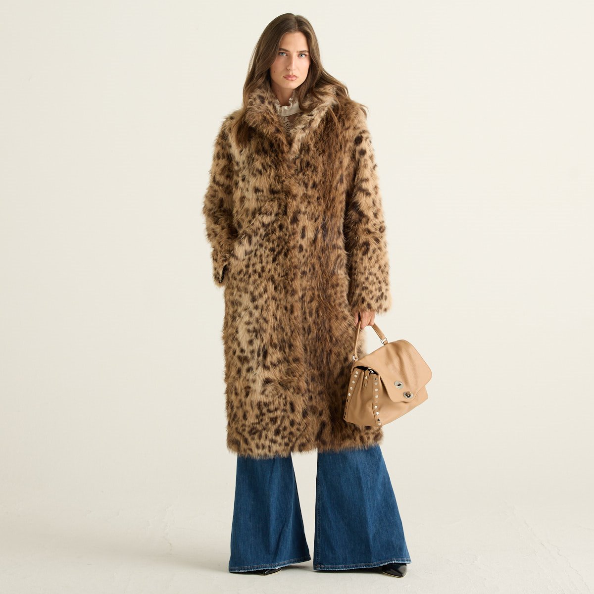 Blanche Cappotto Lungo Reversibile Donna Marrone Nocciola con Pelliccia Animalier Leopardata