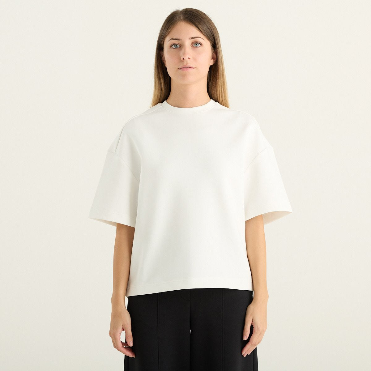 OWN T-shirt donna girocollo loose fit in interlock bianco panna