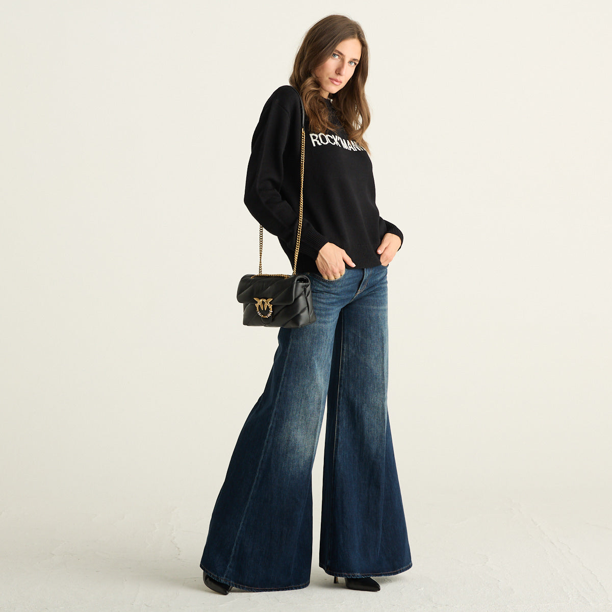 Patrizia Pepe maglione donna nero in misto lana con scritta Rock’mantic