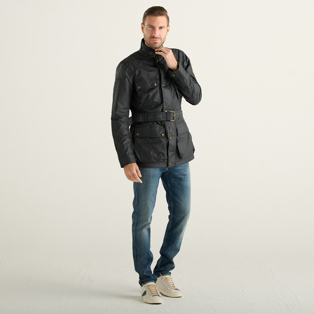 Belstaff Giacca Uomo Trialmaster Blu Navy Scuro Cerata con Cintura