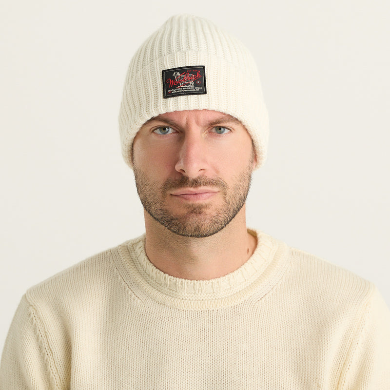Woolrich Berretto Uomo WM Patch Beanie Bianco Panna in Lana Vergine con Logo