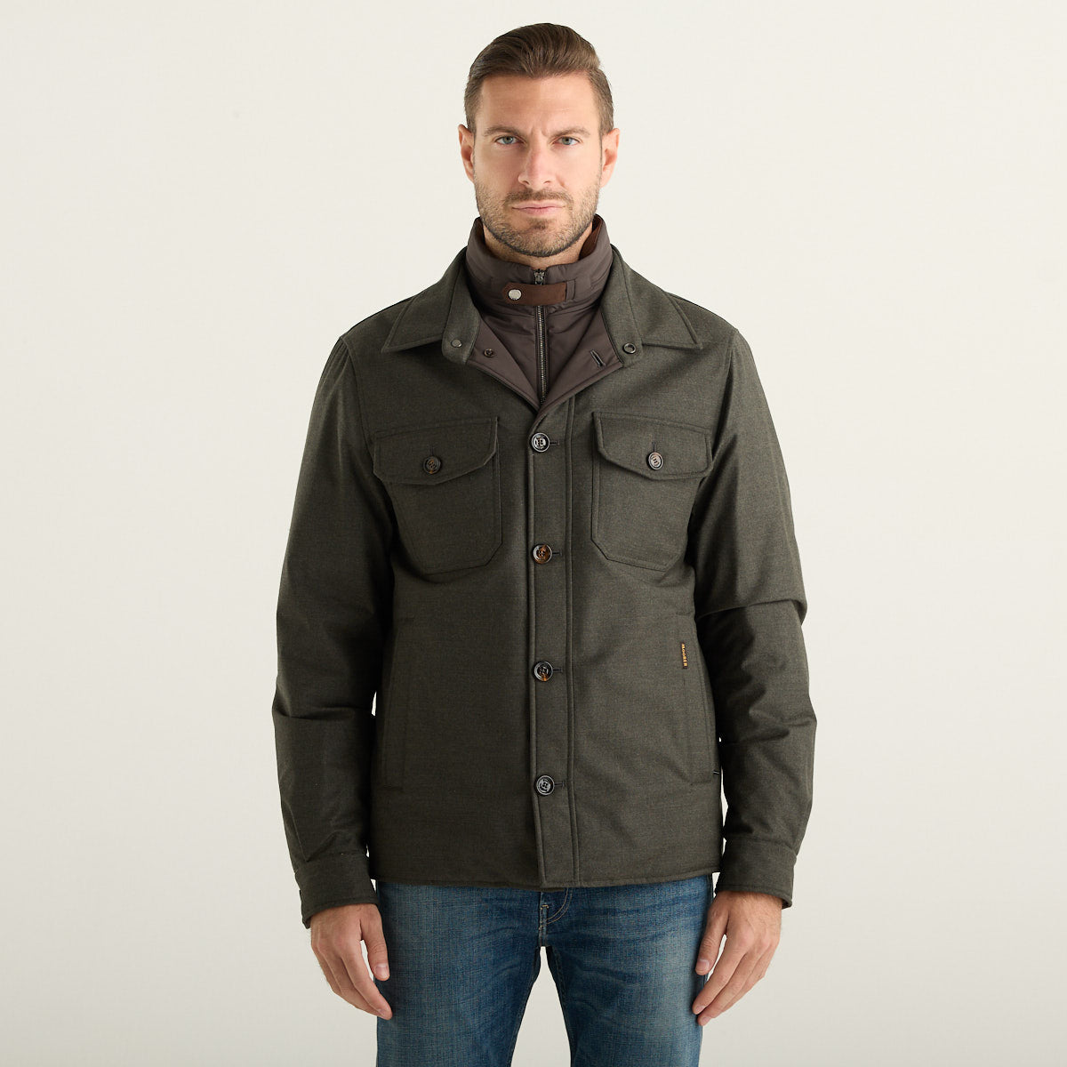 Moorer Giubbotto Overshirt Uomo Verde Forest in Lana Vergine e Cashmere con Interno Removibile