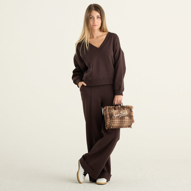 OWN Off With Nature felpa donna marrone in interlock con scollo a V