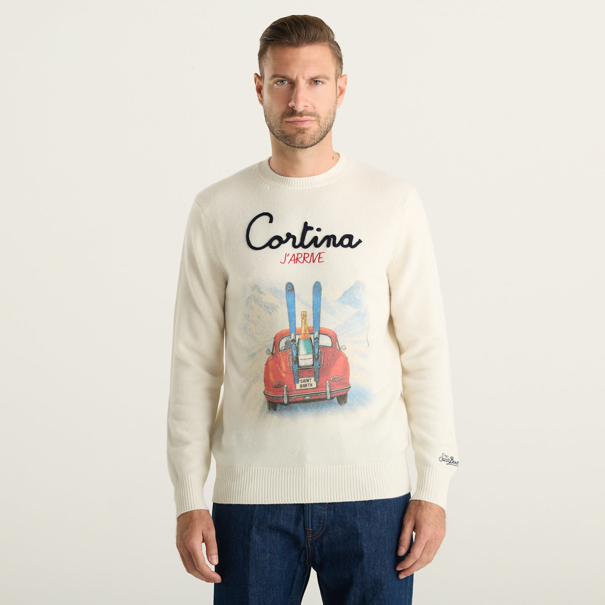 MC2 Saint Barth Maglione Uomo Cortina Bianco Panna con Stampa Sci Vintage