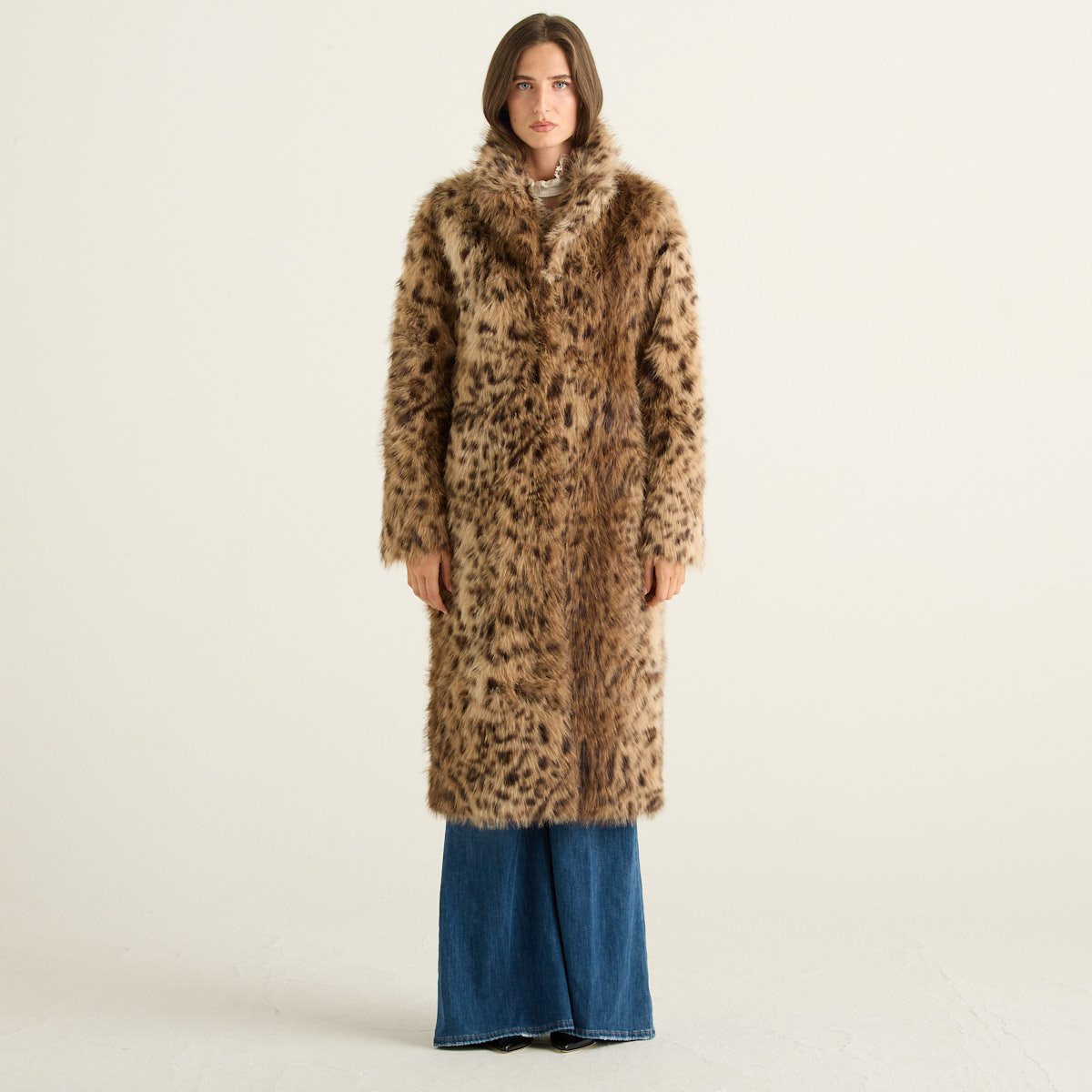 Blanche Cappotto Lungo Reversibile Donna Marrone Nocciola con Pelliccia Animalier Leopardata