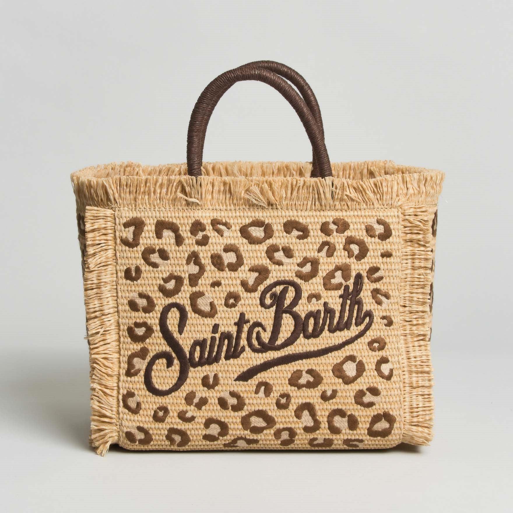 Mc2 Saint Barth colette in raffia con bordi sfrangiati e ricamo leopardato