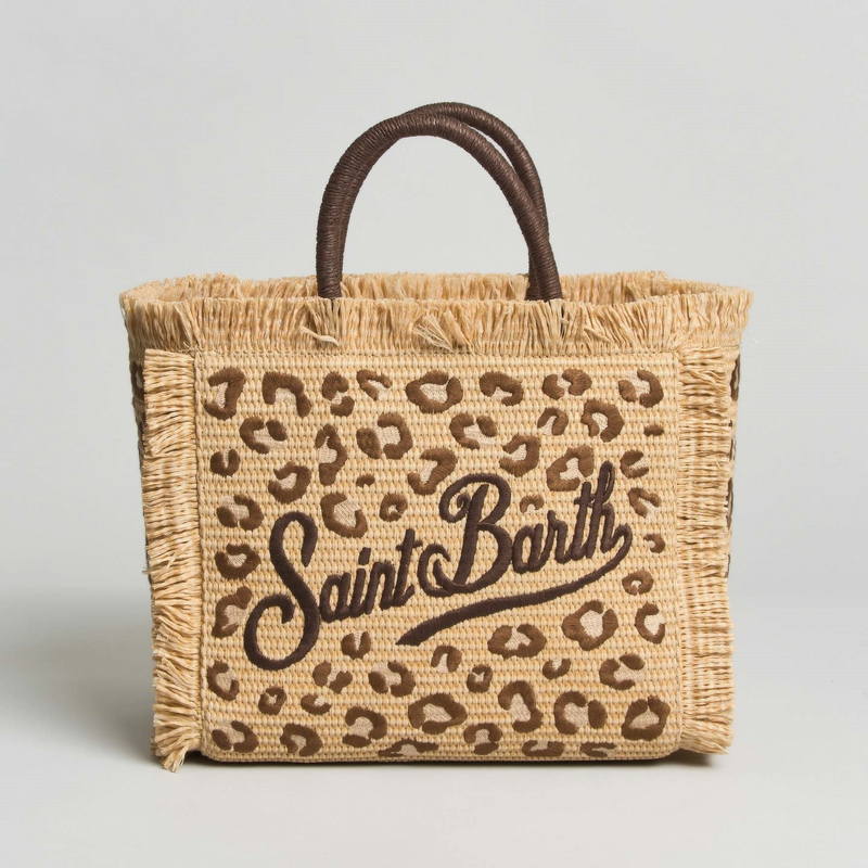Mc2 Saint Barth colette in raffia con bordi sfrangiati e ricamo leopardato