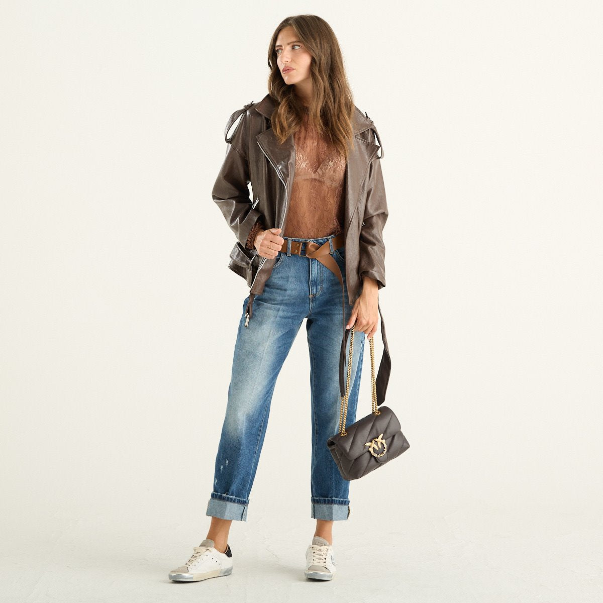 Haveone giacca biker donna marrone con cintura