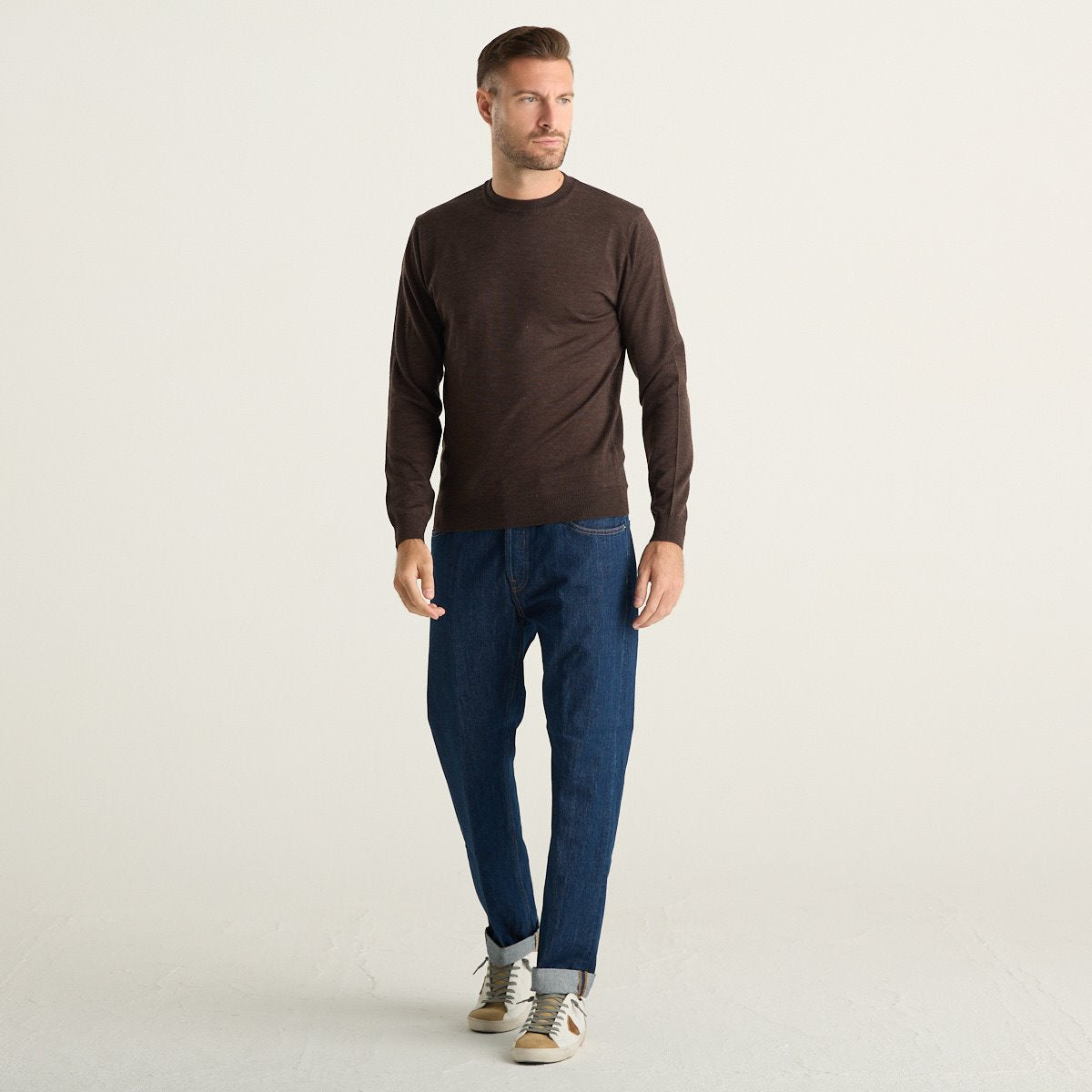 Wool & Co Maglione Girocollo Uomo Marrone Mélange in Maglia Fine