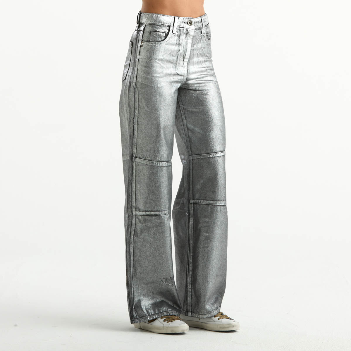 Patrizia Pepe jeans in tessuto spalmato argento