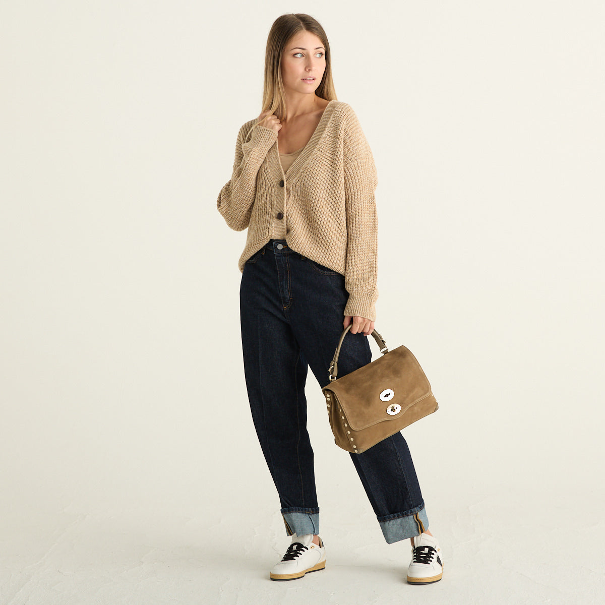 Haveone Cardigan Donna Beige Mélange in Maglia a Coste con Scollo a V e Bottoni
