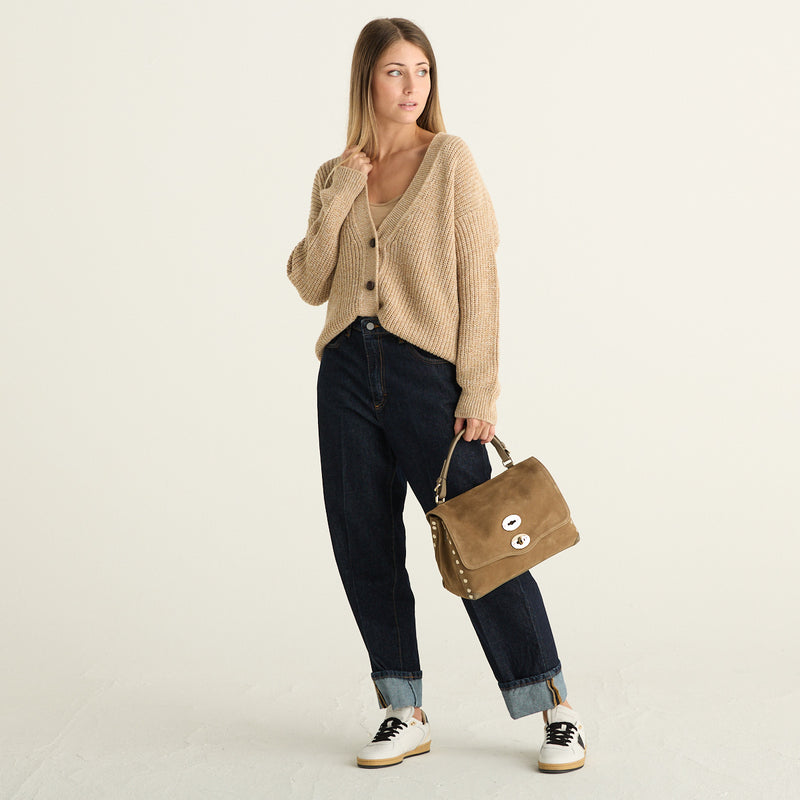 Haveone Cardigan Donna Beige Mélange in Maglia a Coste con Scollo a V e Bottoni